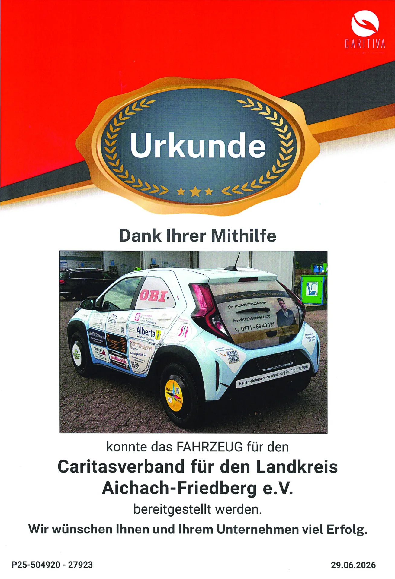 urkunde-caritas-fahrzeug-alexander-koehler-immobilien